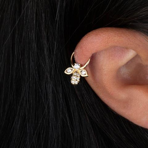 14 Ayar Altın Arı Motifli Minimal Halka Piercing