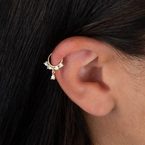 14 Ayar Altın Damla Taşlı Sallantılı Minimal Halka Piercing