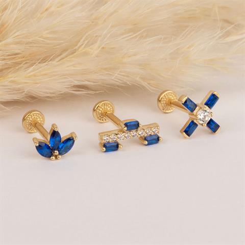 Dianora Piercing-14 Ayar Altın Lacivert Baget Taşlı Minimal Tragus Piercing-Tragus Piercing-5-milagron.live