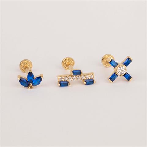 Dianora Piercing-14 Ayar Altın Lacivert Baget Taşlı Minimal Tragus Piercing-Tragus Piercing-6-milagron.live