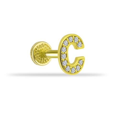 Dianora Piercing-14 Ayar Altın Taşlı Düz C Harfi Tragus Piercing-Tragus Piercing-1-milagron.live