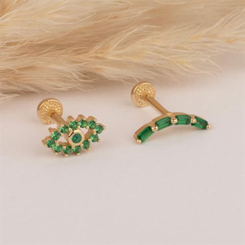 Dianora Piercing-14 Ayar Altın Yeşil Taşlı Göz Minimal Tragus Piercing-Tragus Piercing-5-milagron.live