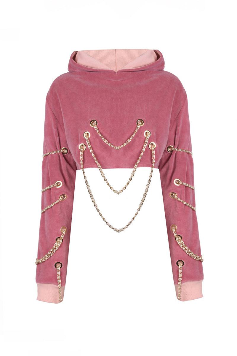 Eudoimonia-Chain Kadife Pembe Hoodie-Sweatshirts & Hoodies-2-milagron.live