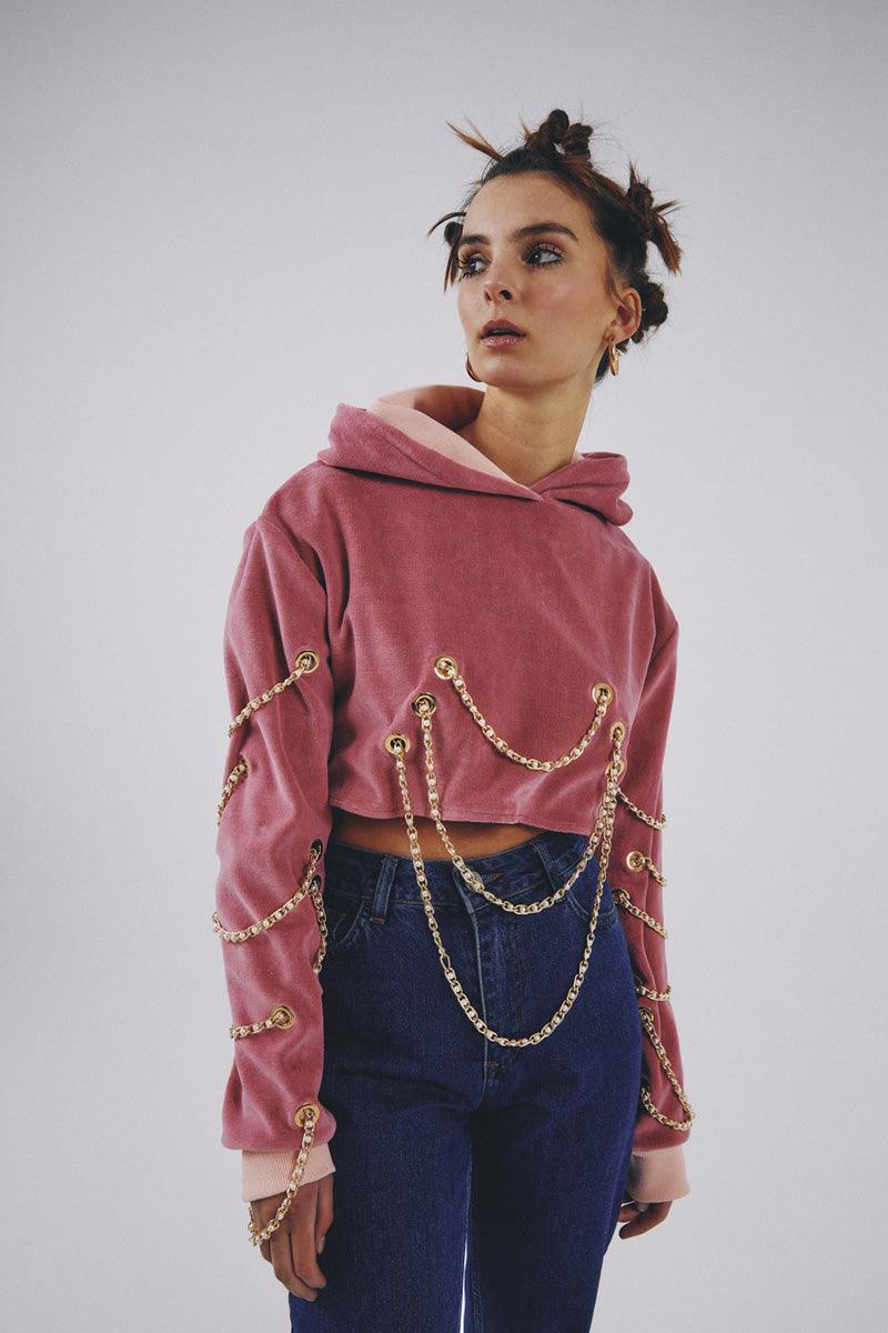 Eudoimonia-Chain Kadife Pembe Hoodie-Sweatshirts & Hoodies-5-milagron.live
