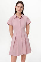 Exquise-Reglan Kol Pileli Mini Regular Elbise – Pembe-Elbise-3-milagron.live