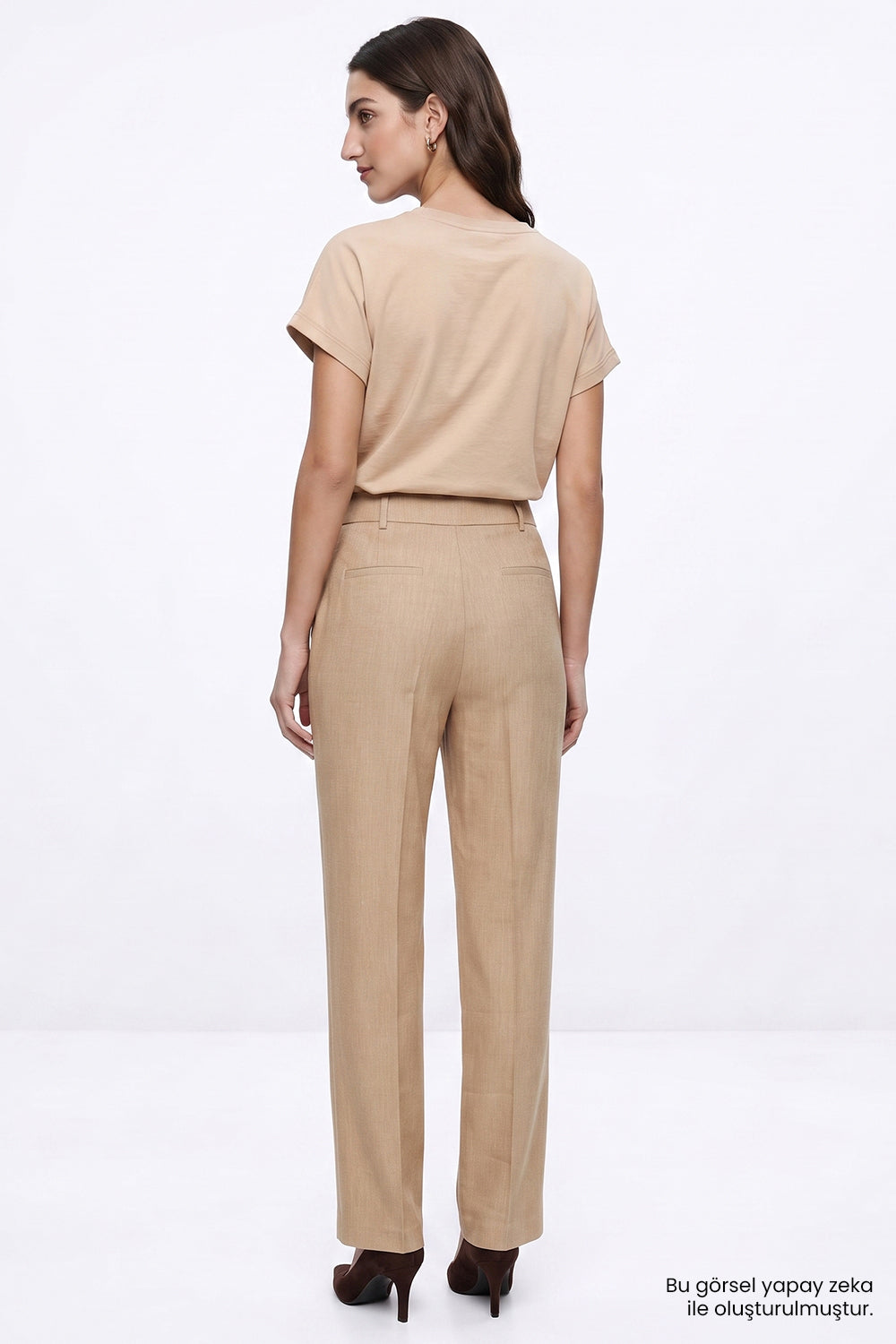 Exquise-Yüksek Bel Keten Karışımlı Regular Pantolon – Camel-Pantolon-3-milagron.live