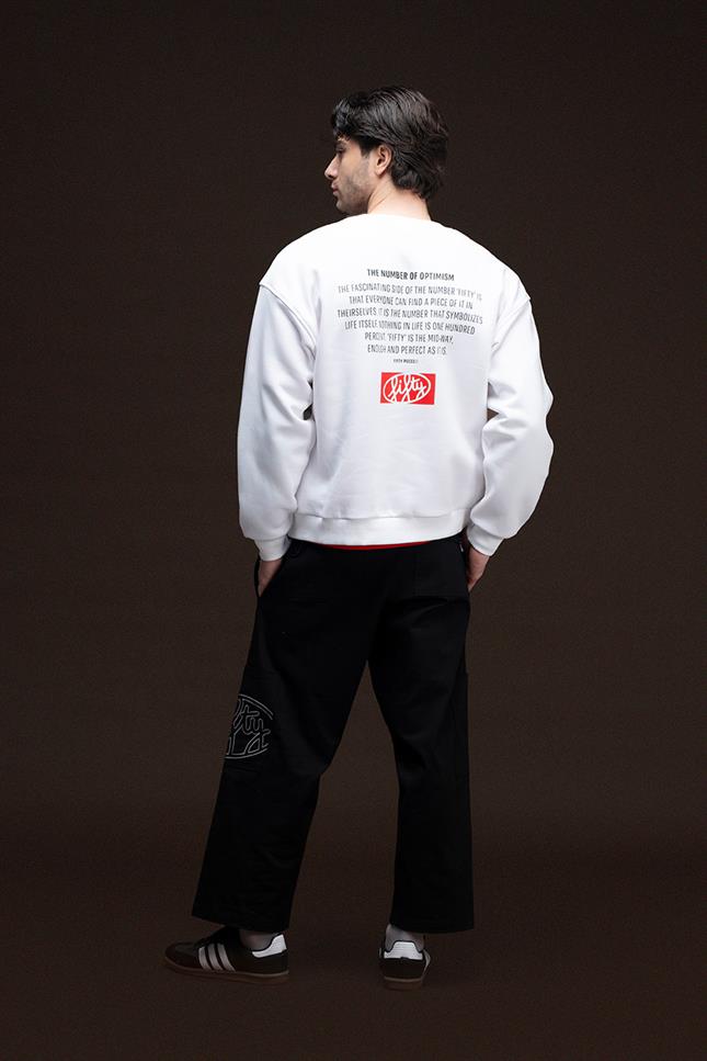 Erkek Beyaz Düşük Omuzlu Sırt Baskılı Sweatshirt