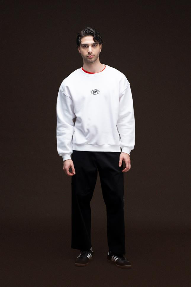 Erkek Beyaz Düşük Omuzlu Sırt Baskılı Sweatshirt