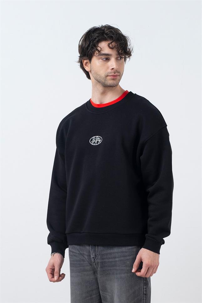 Erkek Siyah Düşük Omuzlu Sırt Baskılı Sweatshirt