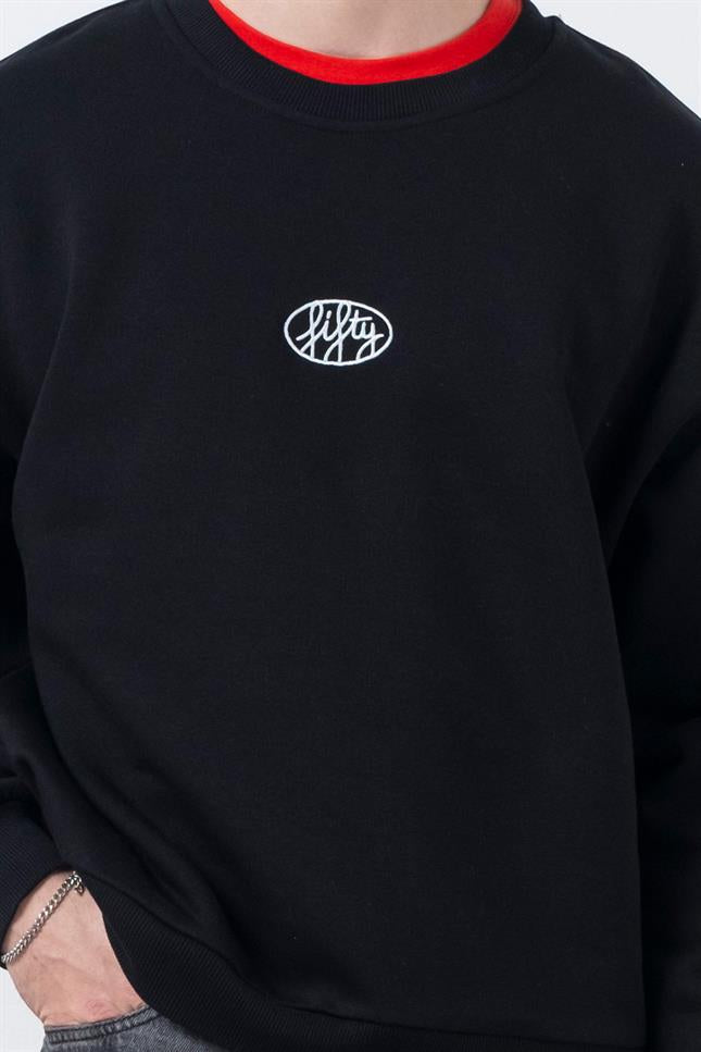 Erkek Siyah Düşük Omuzlu Sırt Baskılı Sweatshirt