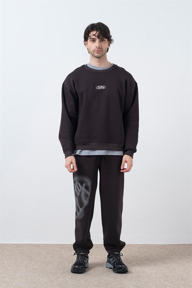 Fifty Pieces-Kahverengi Düşük Omuzlu Sırt Baskılı Sweatshirt-Sweatshirts & Hoodies-3-milagron.live