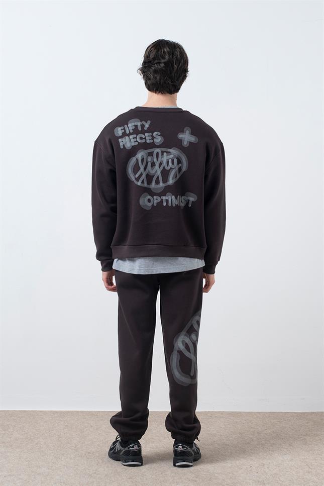 Fifty Pieces-Kahverengi Düşük Omuzlu Sırt Baskılı Sweatshirt-Sweatshirts & Hoodies-4-milagron.live