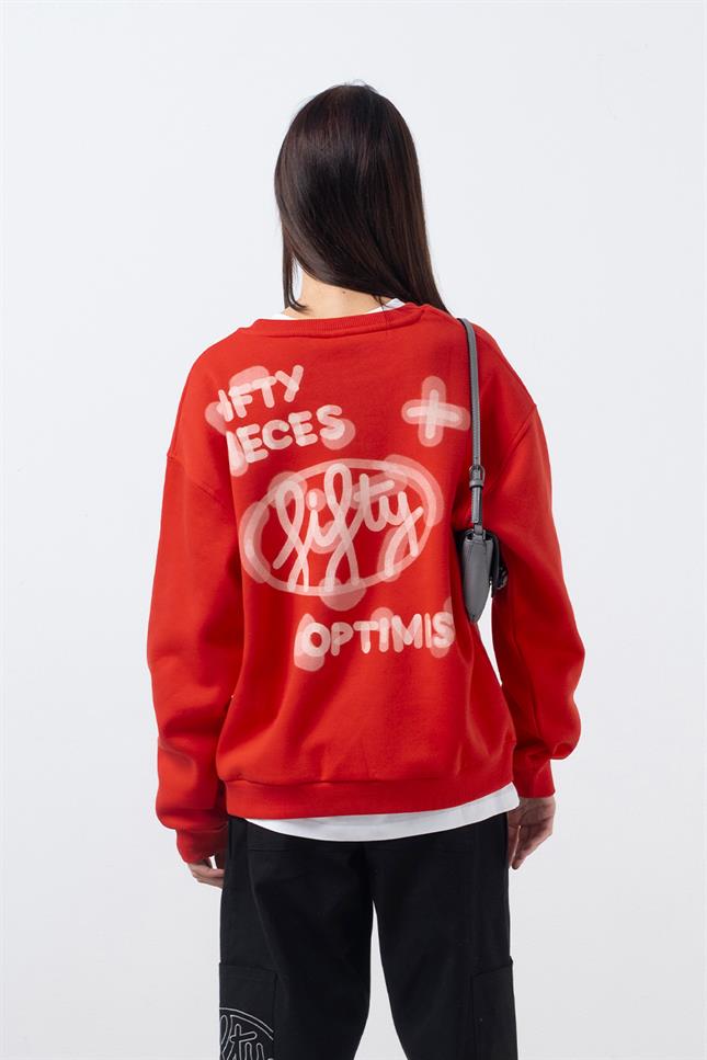 Fifty Pieces-Kırmızı Oversize Sırt Baskılı Sweatshirt-Sweatshirts & Hoodies-4-milagron.live