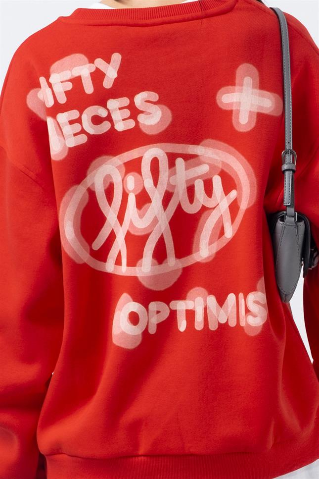 Fifty Pieces-Kırmızı Oversize Sırt Baskılı Sweatshirt-Sweatshirts & Hoodies-5-milagron.live