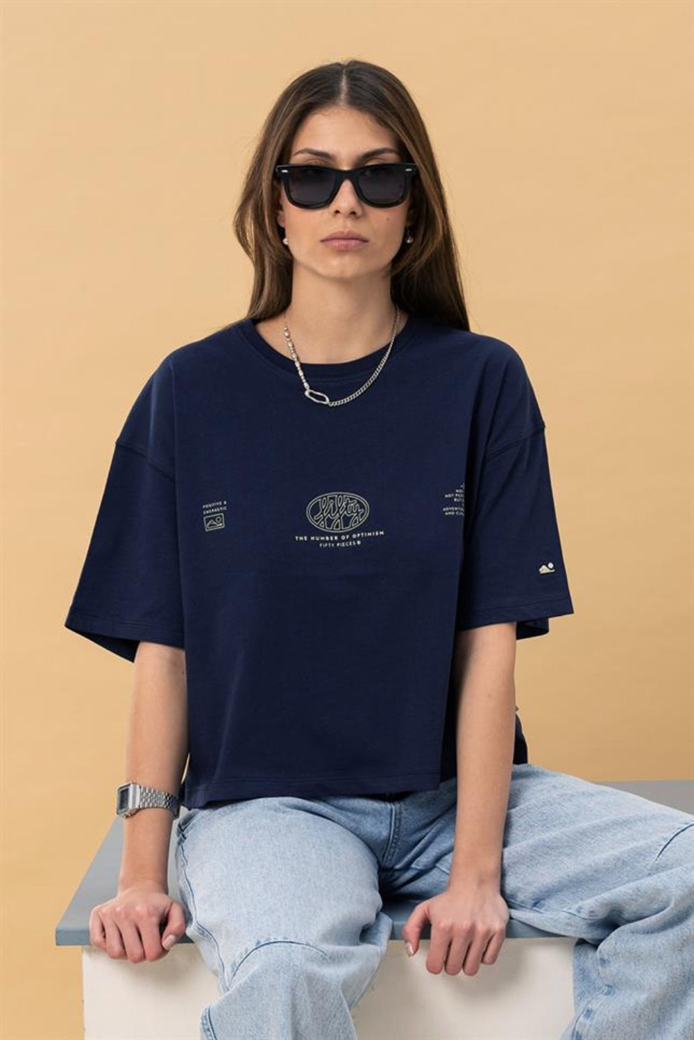 Fifty Pieces-Lacivert Core Oversize Mid Length T-Shirt-T-Shirts-1-milagron.live