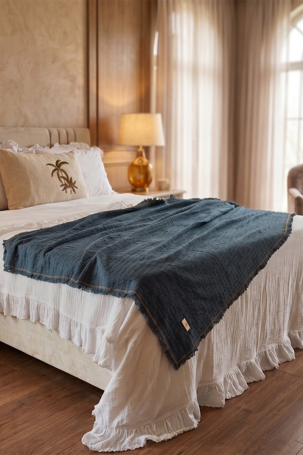 Frig Püsküllü Koltuk Şalı | %100 Pamuk Gofre Dokuma Throw | 130x170 cm