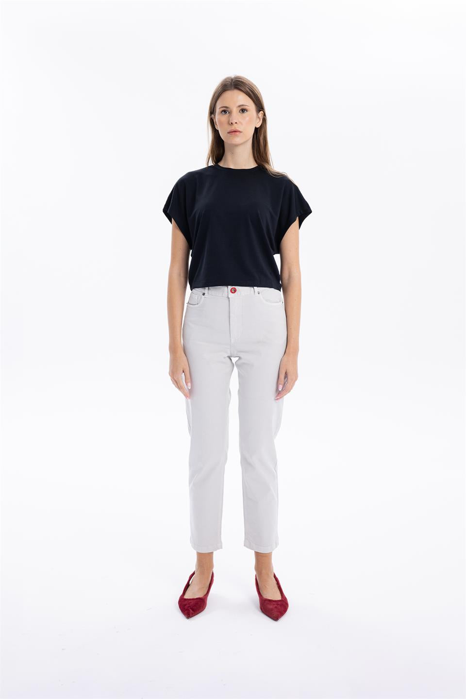 Bisiklet Yaka Çizgi Detaylı Oversize Yarasa Kol Kadın T-Shirt