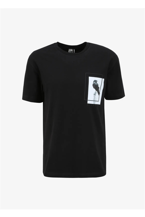 Bisiklet Yaka Göğsü Baskılı %100 Pamuk Oversize Erkek T-Shirt