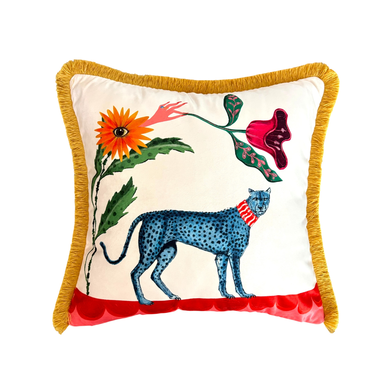 Boho Çiçek ve Leopar Desenli Kadife Yastık Kılıfı – 50x50 cm – Püsküllü Dekoratif Kırlent Kılıfı