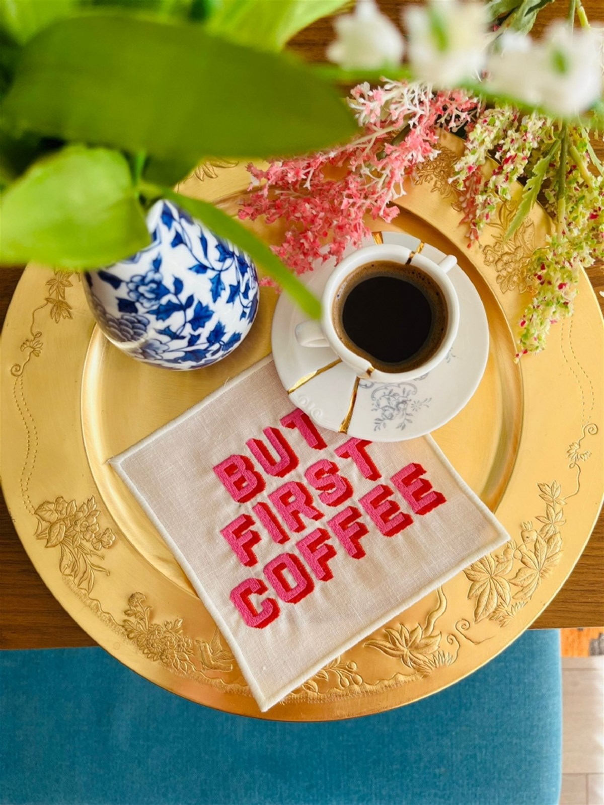 But First Coffee Desenli Kokteyl Peçete - 1 Adet Pembe Turuncu