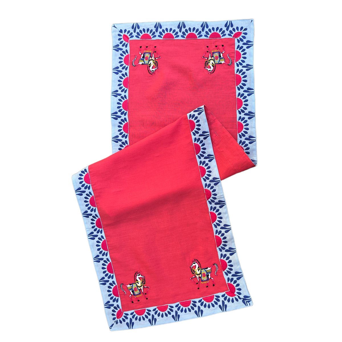 Dekoratif Beyaz At Desenli Pembe Keten Runner
