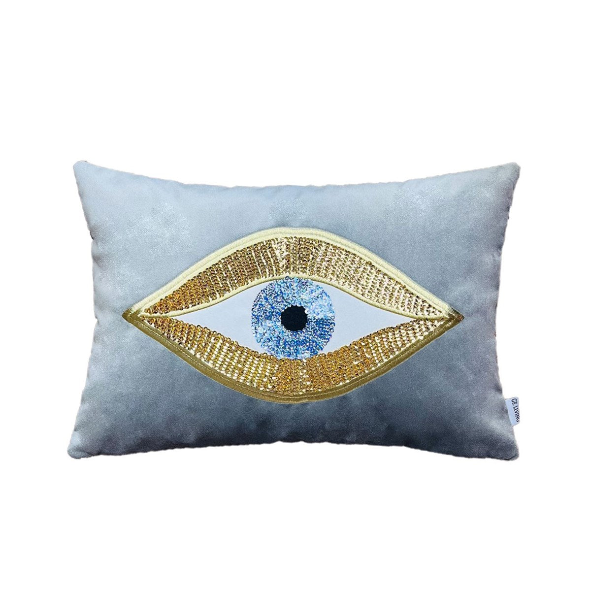 Dekoratif Pullu Göz Desenli Gri Kadife Kırlent Kılıfı ( 35 cm x 50 cm )