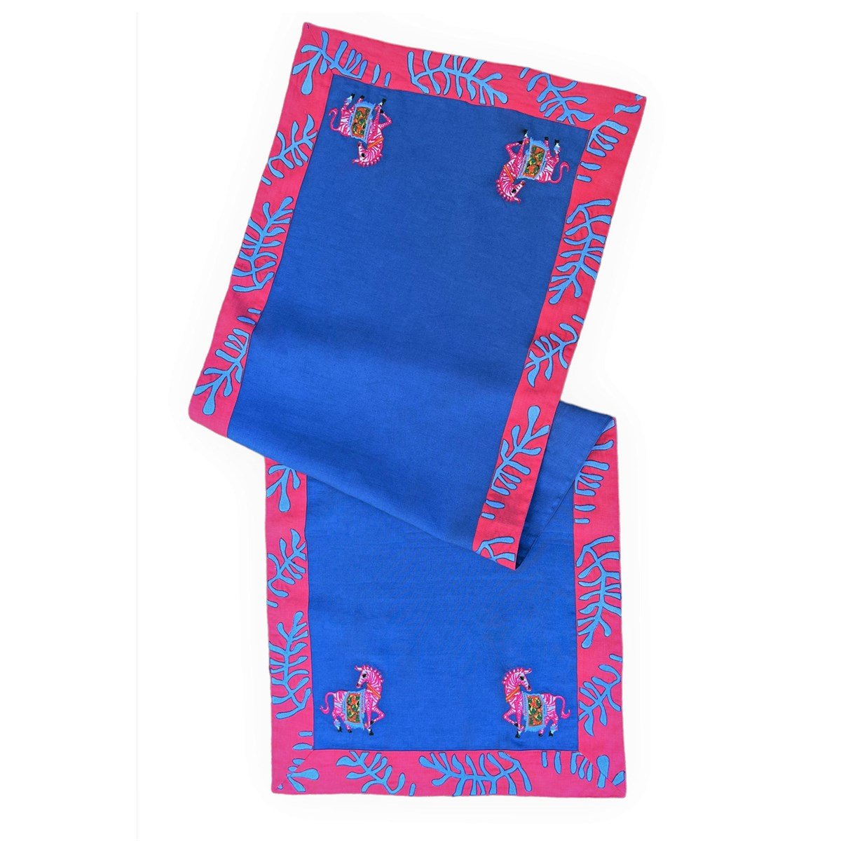 Pembe Zebra Desenli Kenarları Mercan İşlemeli Lacivert Keten Runner