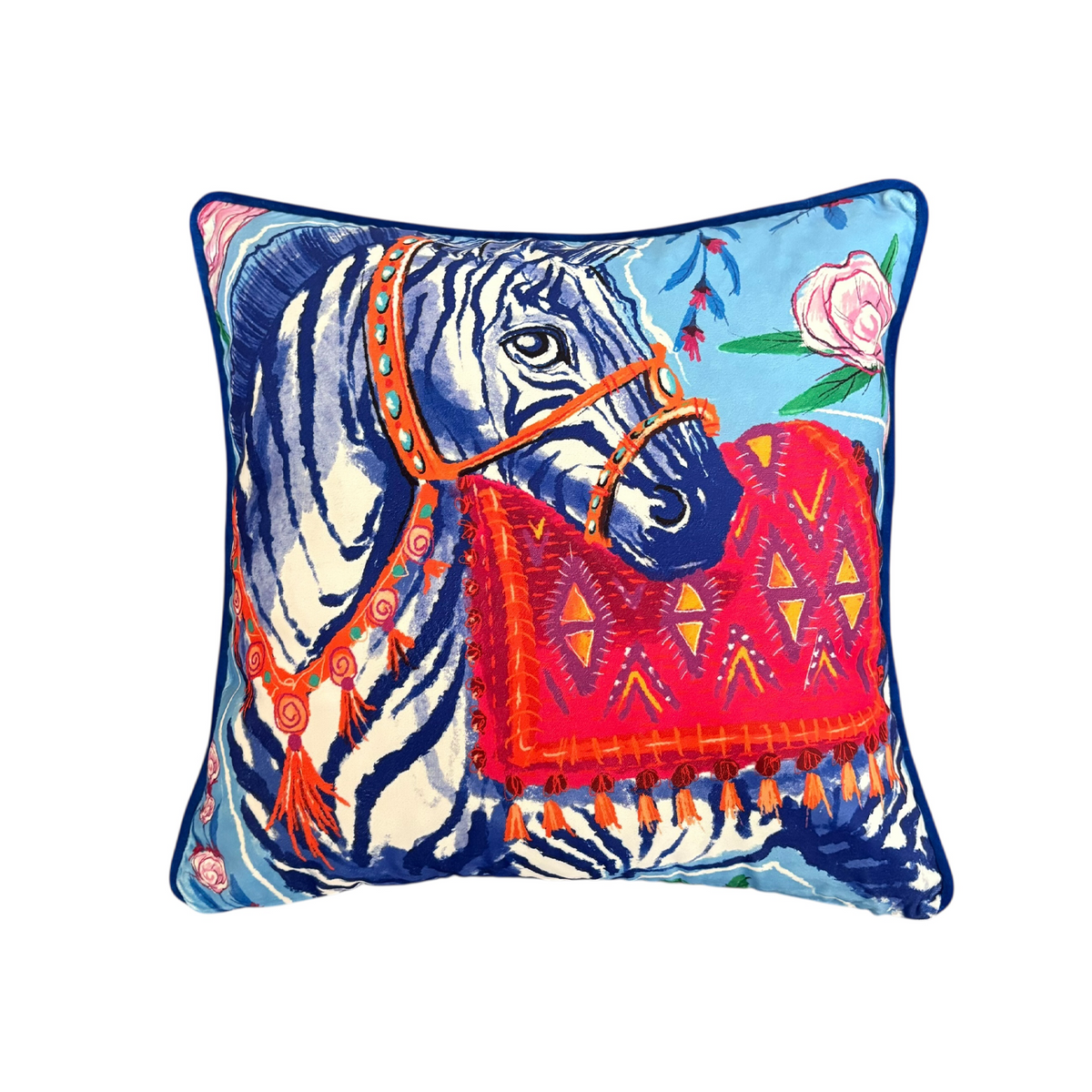 Zebra Desenli Dekoratif Kadife Yastık Kılıfı – 50x50 cm – Renkli Etnik Tasarım Kırlent Kılıfı