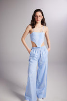 Beli Lastikli Çizgili Harmony Poplin Pantolon Mavi
