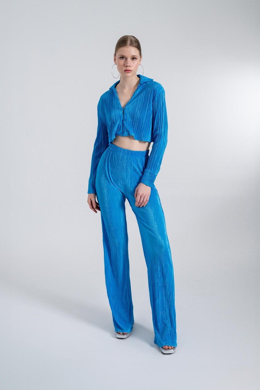 Beli Lastikli Pliseli Bol Paça Pantolon, Mavi - 2