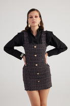 Metal Düğme Detaylı Mini Tweed Elbise Siyah