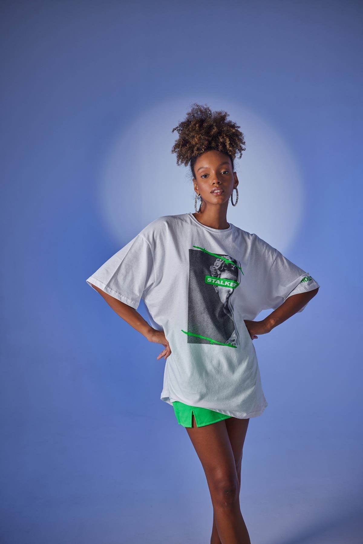 Oversize Baskılı Stalker T-Shirt Beyaz