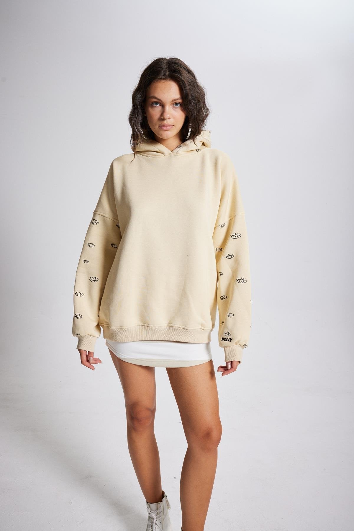 Oversize Kapüşonlu Unisex Eye Sweat Bej