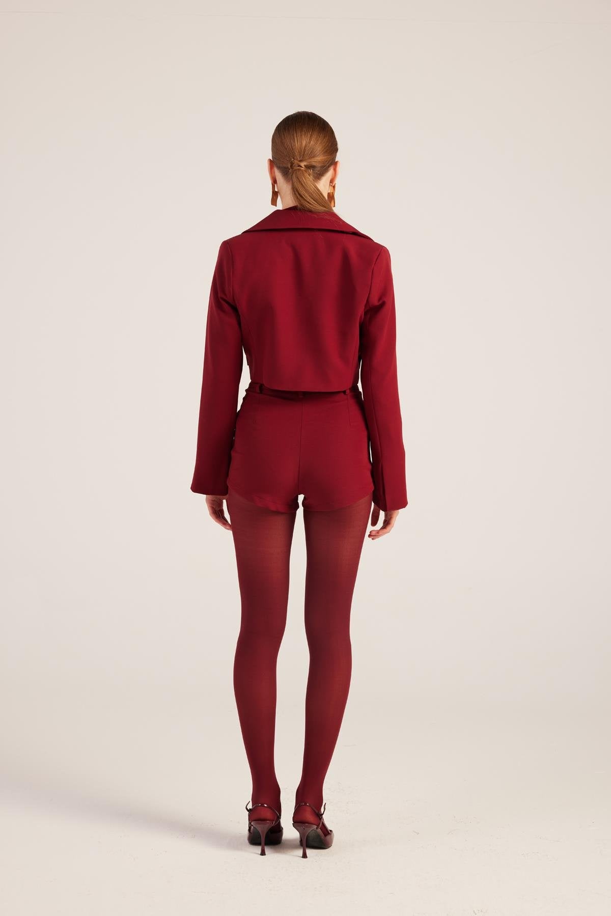 Yakası Saten Detaylı Camila Crop Blazer Ceket Bordo