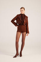 Yakası Saten Detaylı Camila Crop Blazer Ceket Kahve
