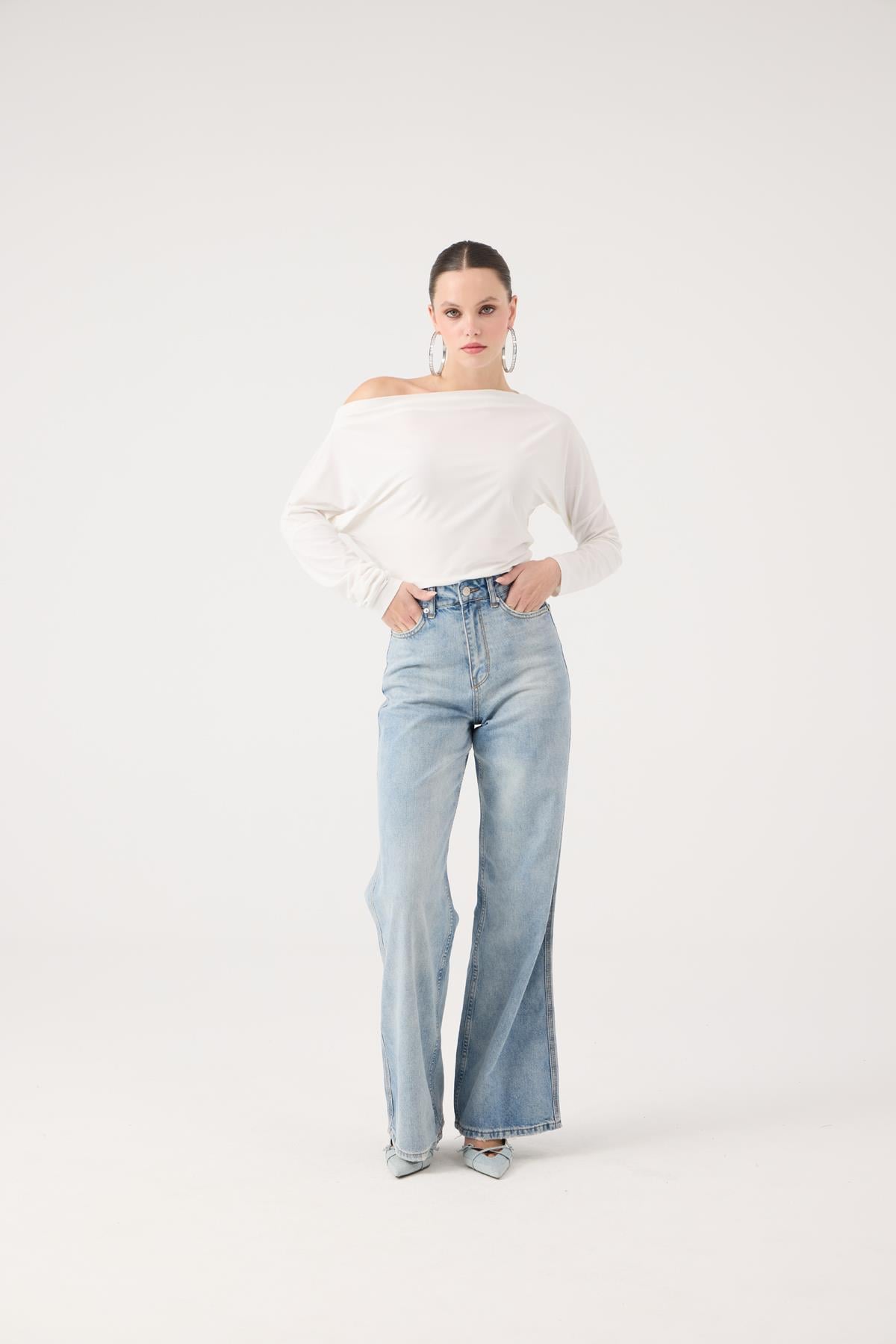 Yüksek Bel Wide Leg Carino Jean Pantolon Mavi