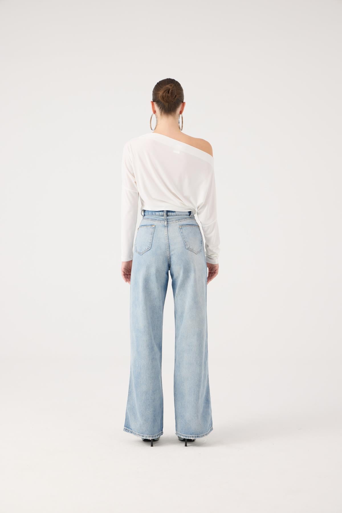 Yüksek Bel Wide Leg Carino Jean Pantolon Mavi