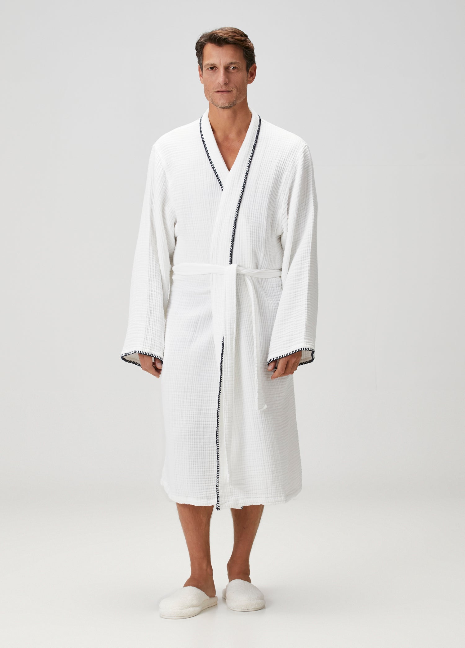 İRYA-Loom 4 Katlı Müslin Çoban Dikişli Erkek Bornoz Beyaz-Bornoz-1-milagron.live