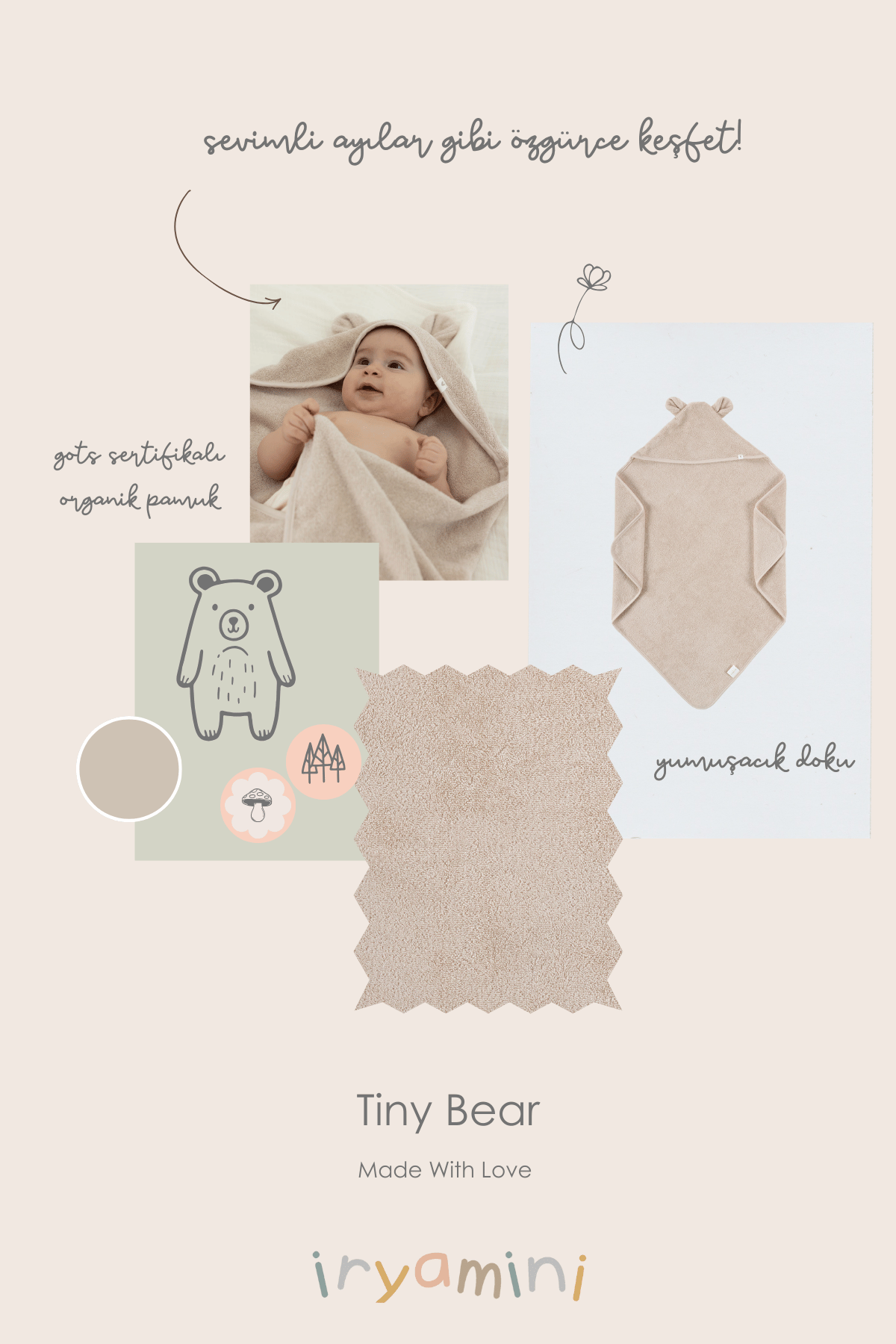 İRYA-Tiny Bear Organik Pamuk Bebek Kundak Bej 75X75-Kundak-4-milagron.live