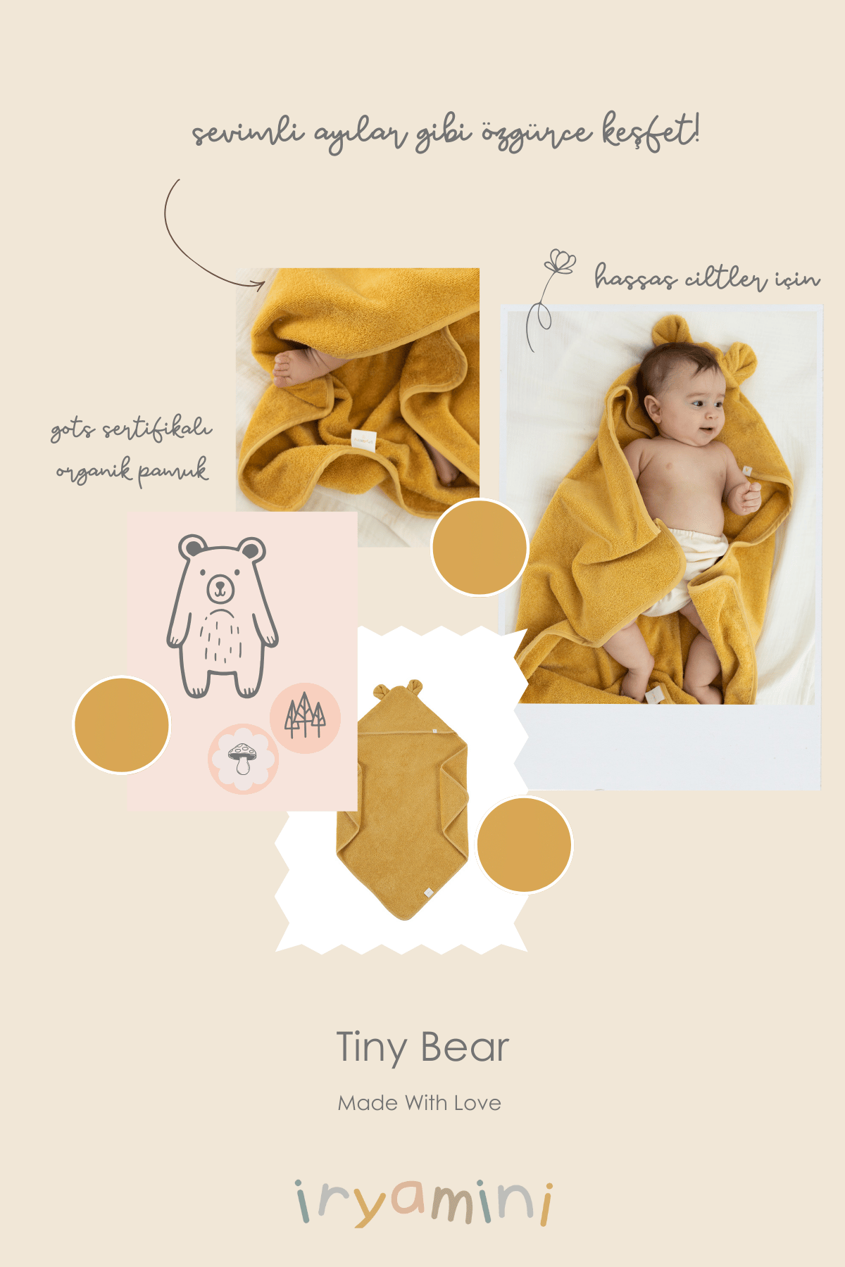 İRYA-Tiny Bear Organik Pamuk Bebek Kundak Hardal 75X75-Kundak-5-milagron.live