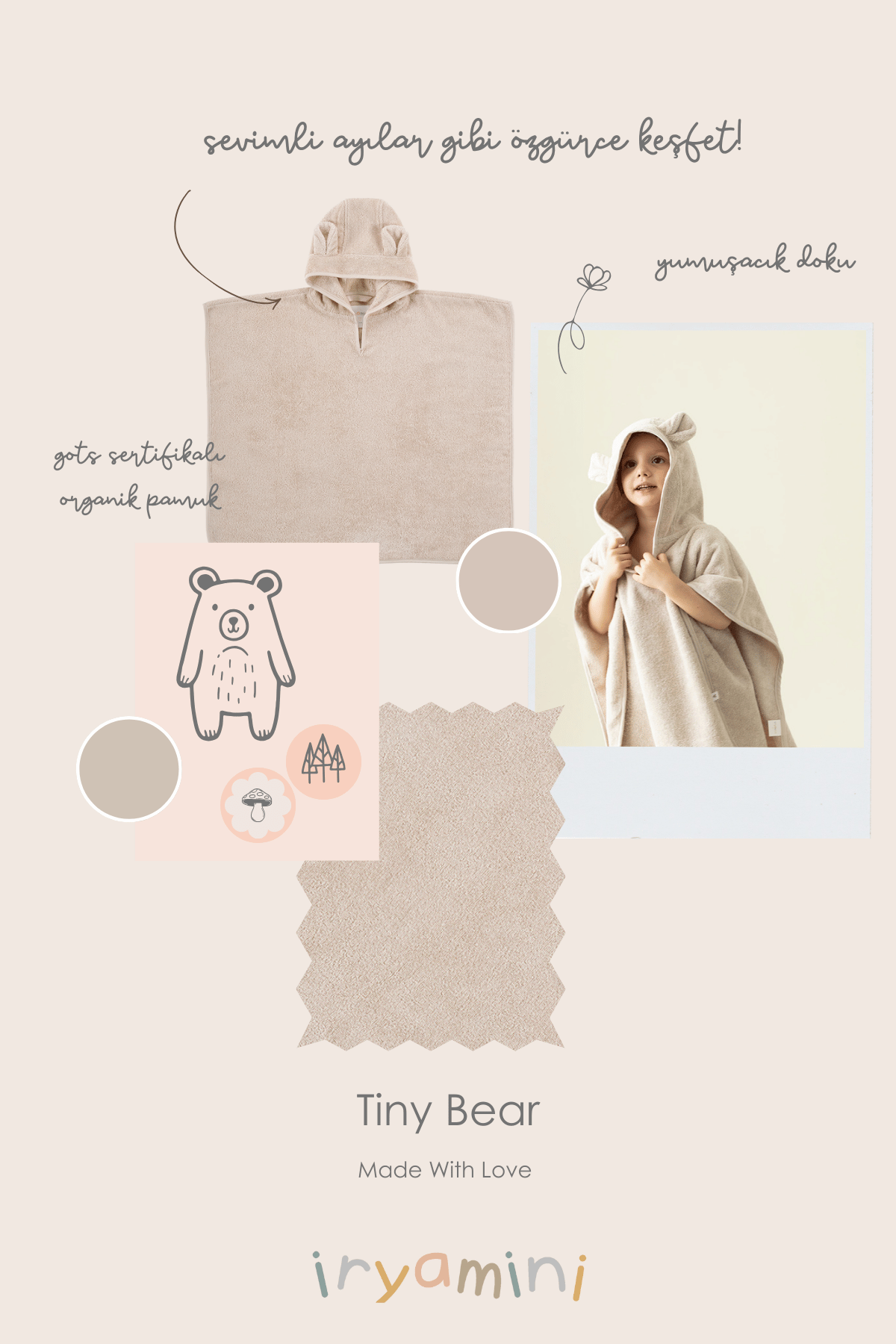 İRYA-Tiny Bear Organik Pamuk Çocuk Panço Bej-Panço-4-milagron.live