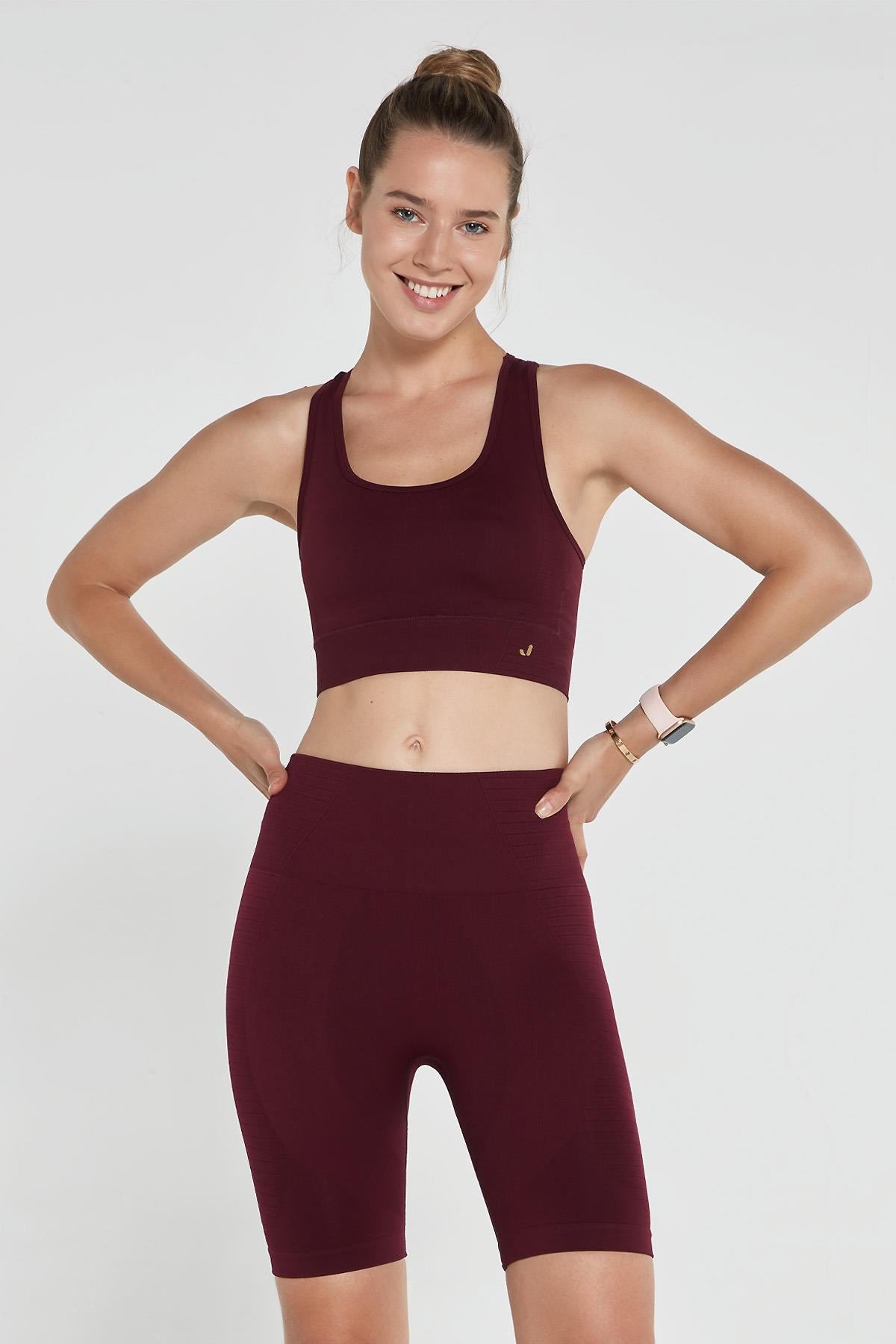 Jerf-Gela Çift Katlı Kompress Sport Bra Bordo-Spor Sütyeni-3-milagron.live