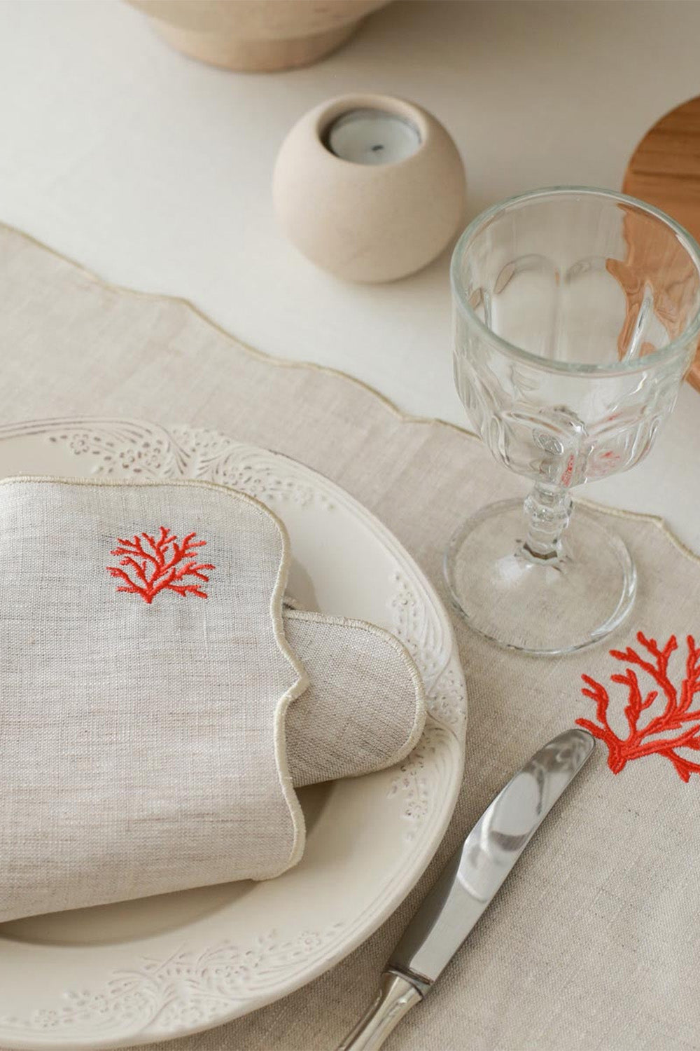Km Home Collection-2'li Set Mercan İşlemeli Keten Peçete-Peçete-2-milagron.live