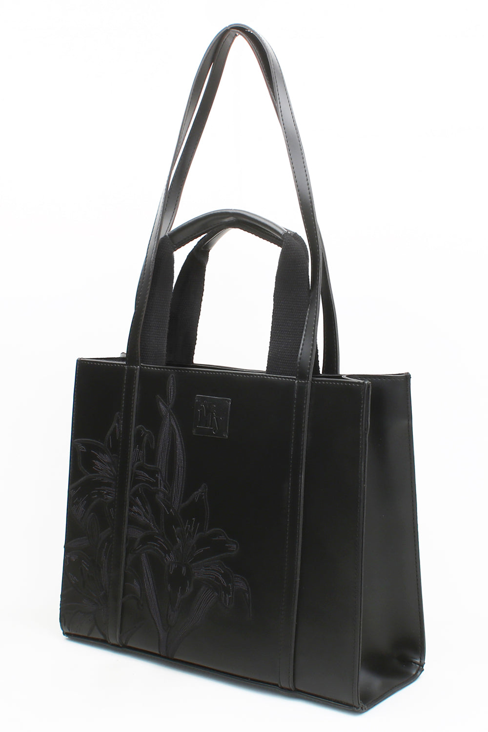 Embroidered Black Leather Tote - 4