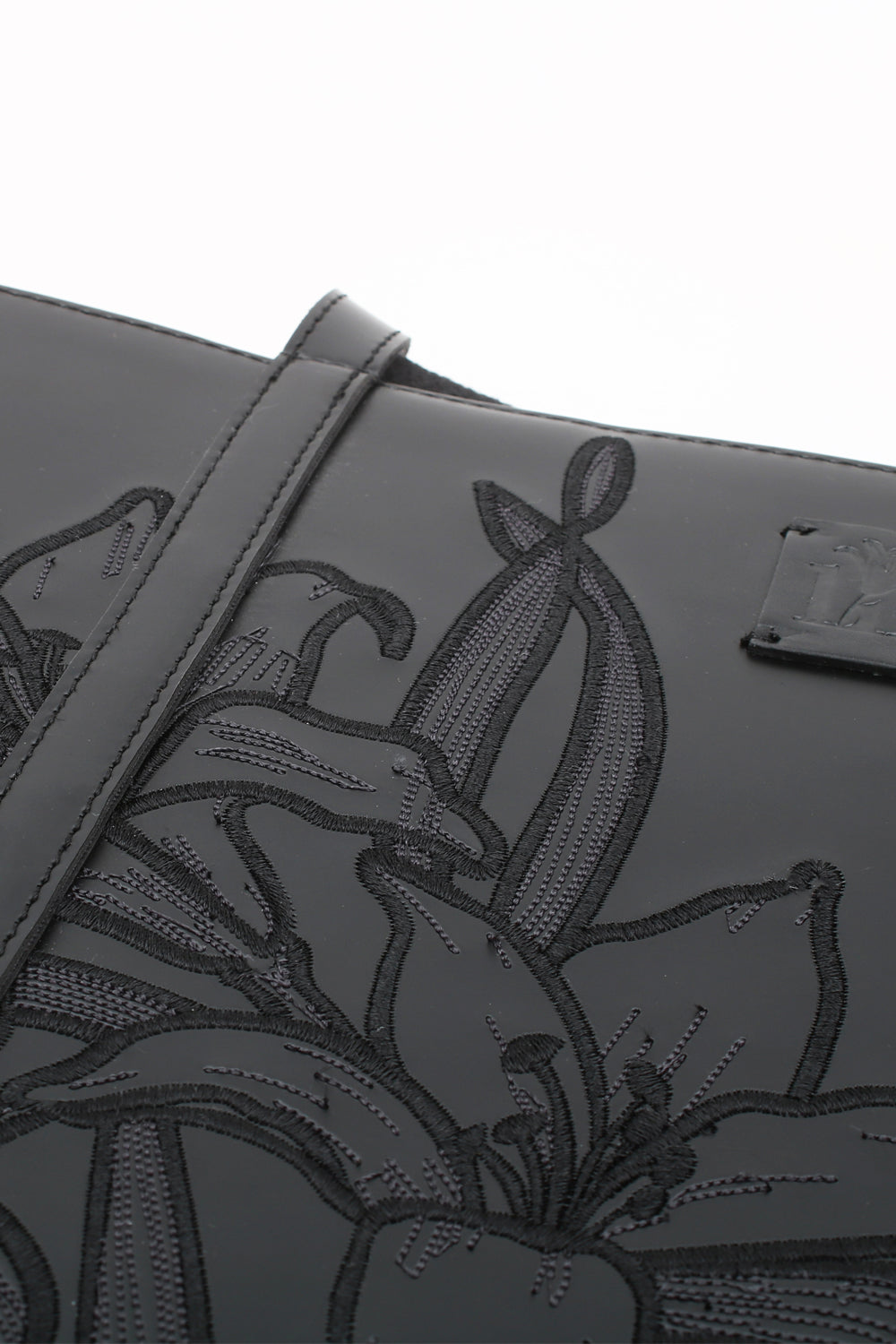 Embroidered Black Leather Tote - 7