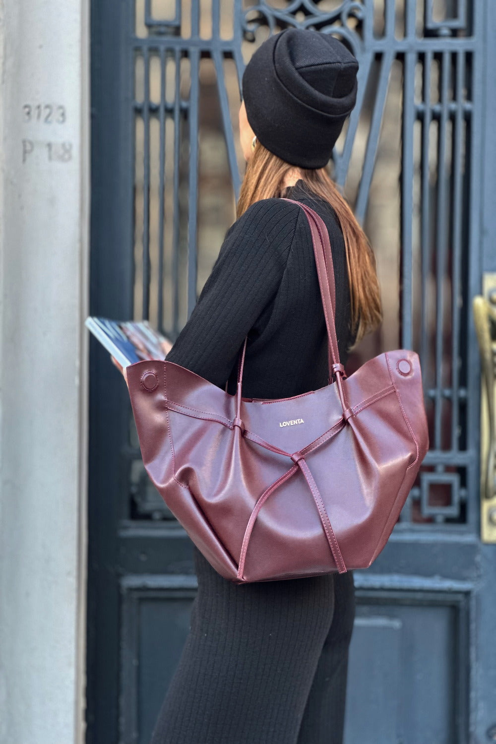 Loventa-Large Tote Bag Bordo Niesha-Omuz Çantası-3-milagron.live