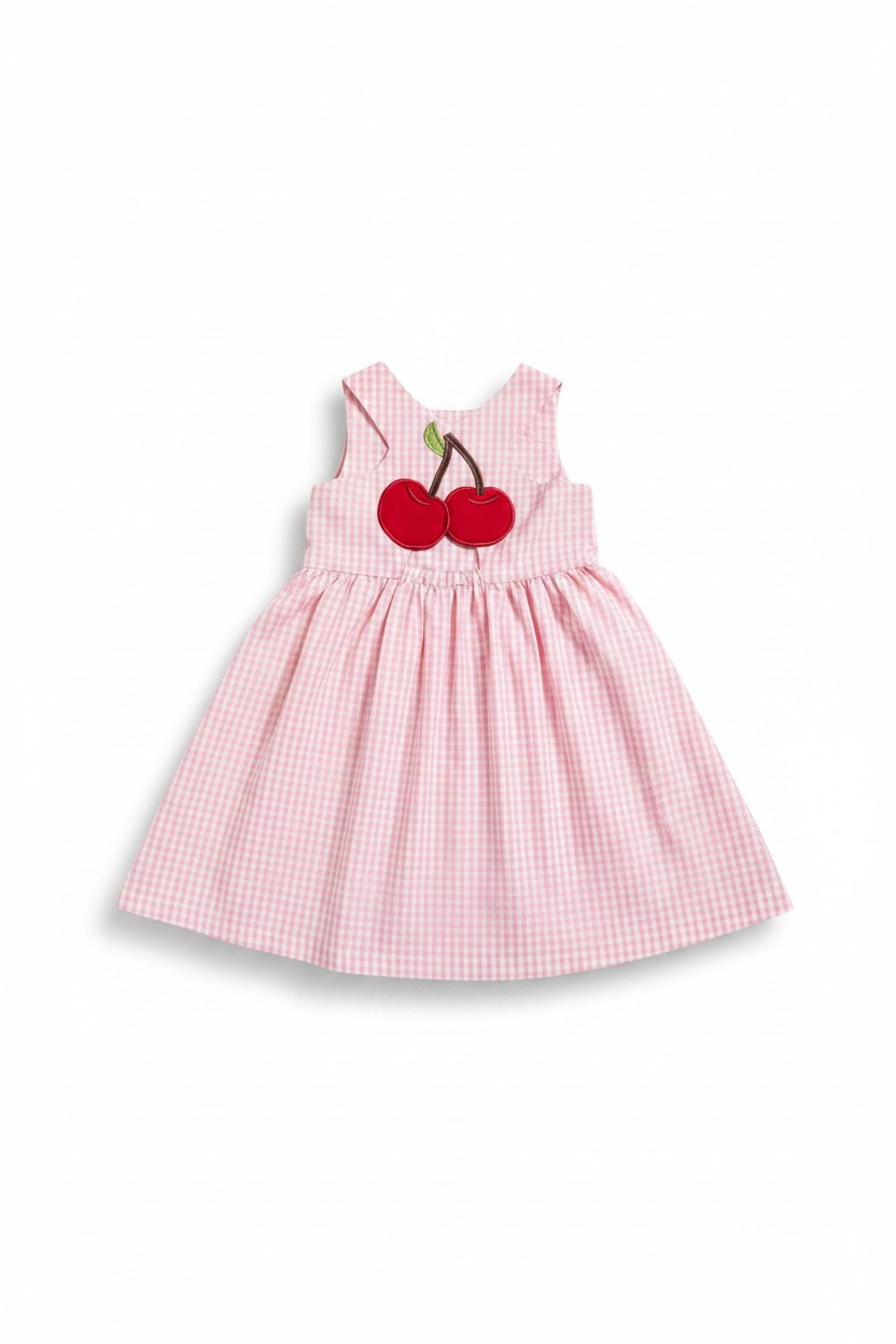 Cherry Detaylı Pembe Ekose Elbise