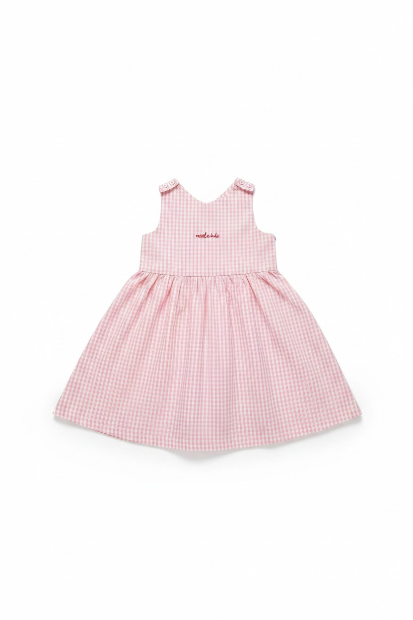 Cherry Detaylı Pembe Ekose Elbise