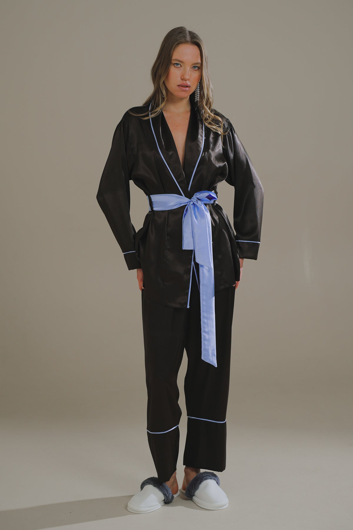 Aci Kahve-Mavi Miks Saten Şal Yaka KiMono-Pantolon Takim