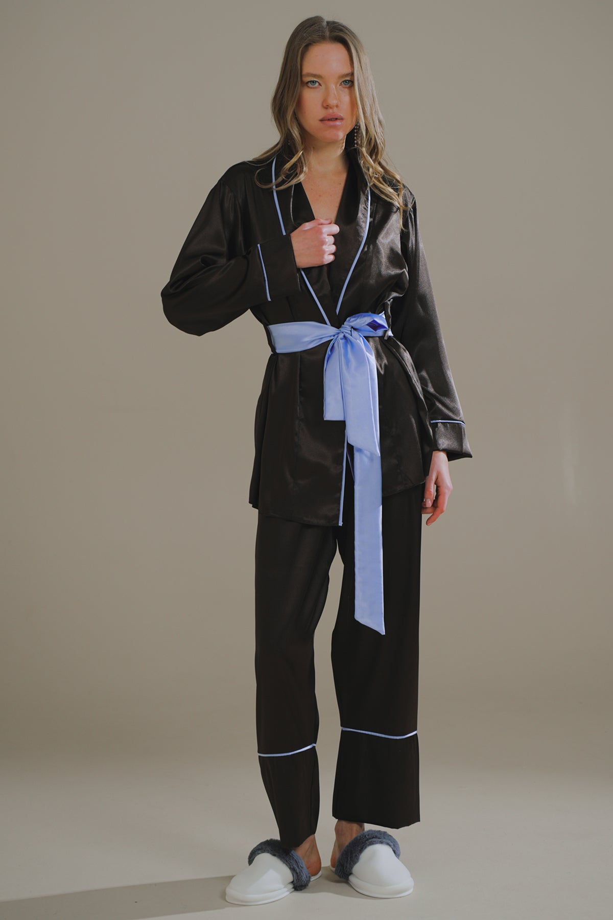 Aci Kahve-Mavi Miks Saten Şal Yaka KiMono-Pantolon Takim